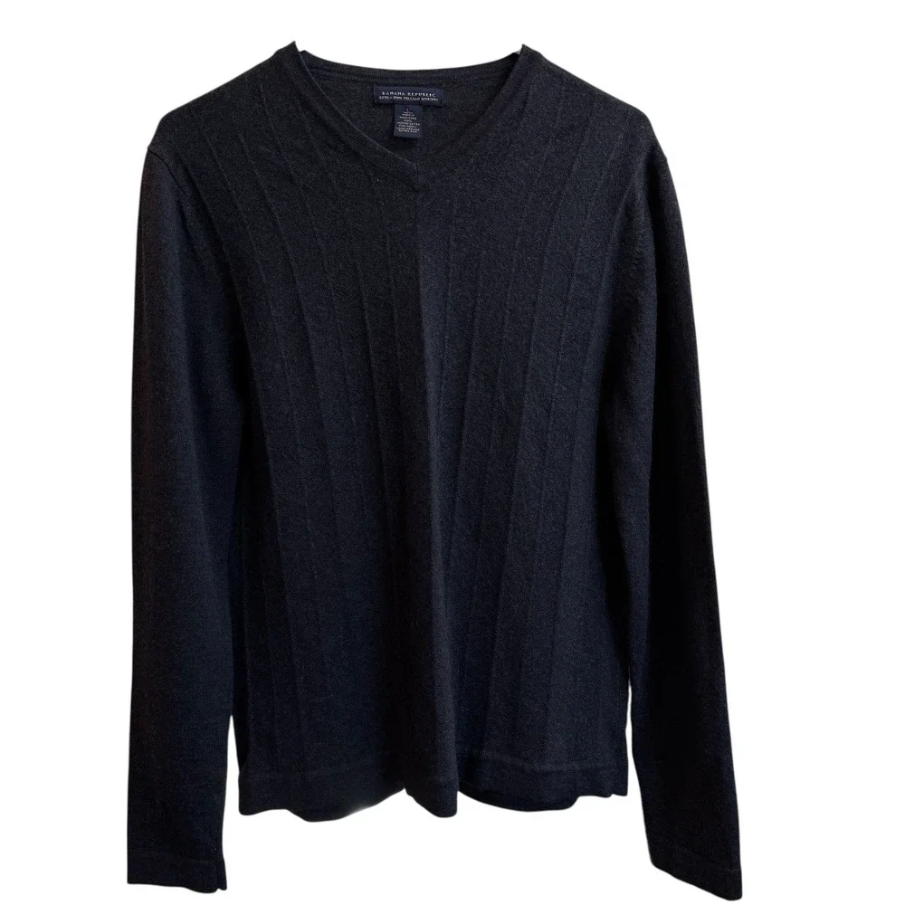 Banana Republic Men L Extra‎ Fine Italian Merino Wool V-Neck Grey Sweater #206